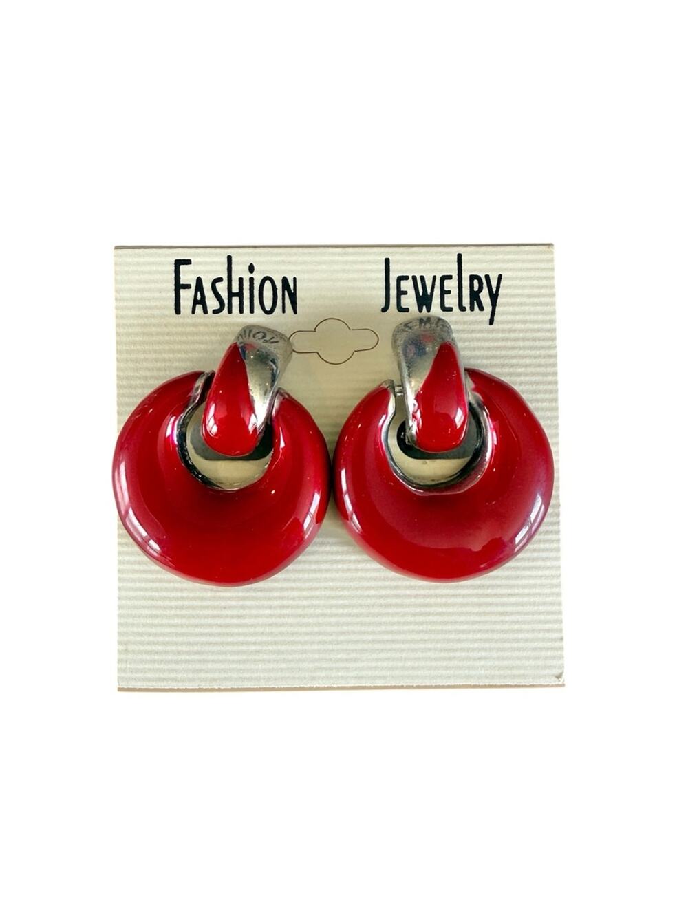 Vintage 90s Red Enamel Silver Tone Clip On Earrings Chunky Round Statement NWT